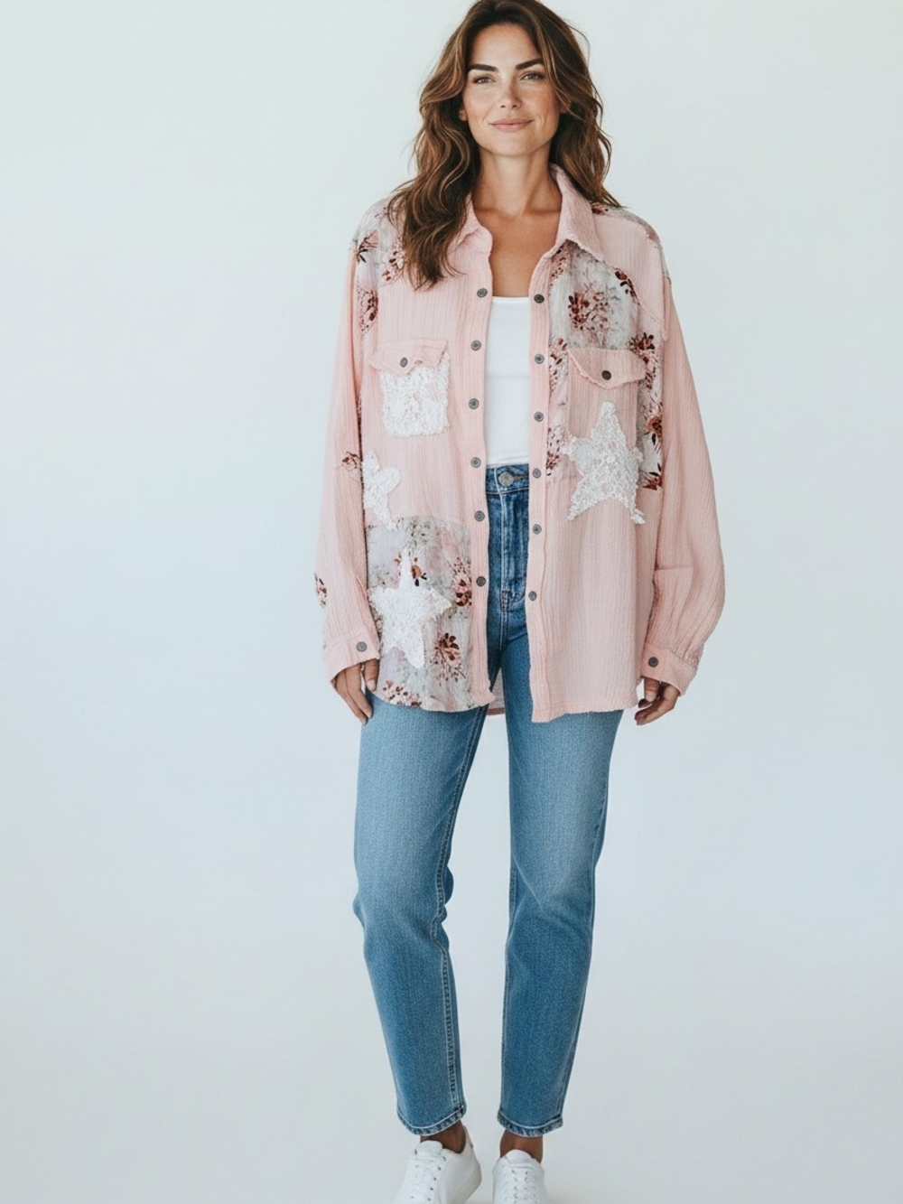 POL Pink Star & Floral Patchwork Button-Down Shirt